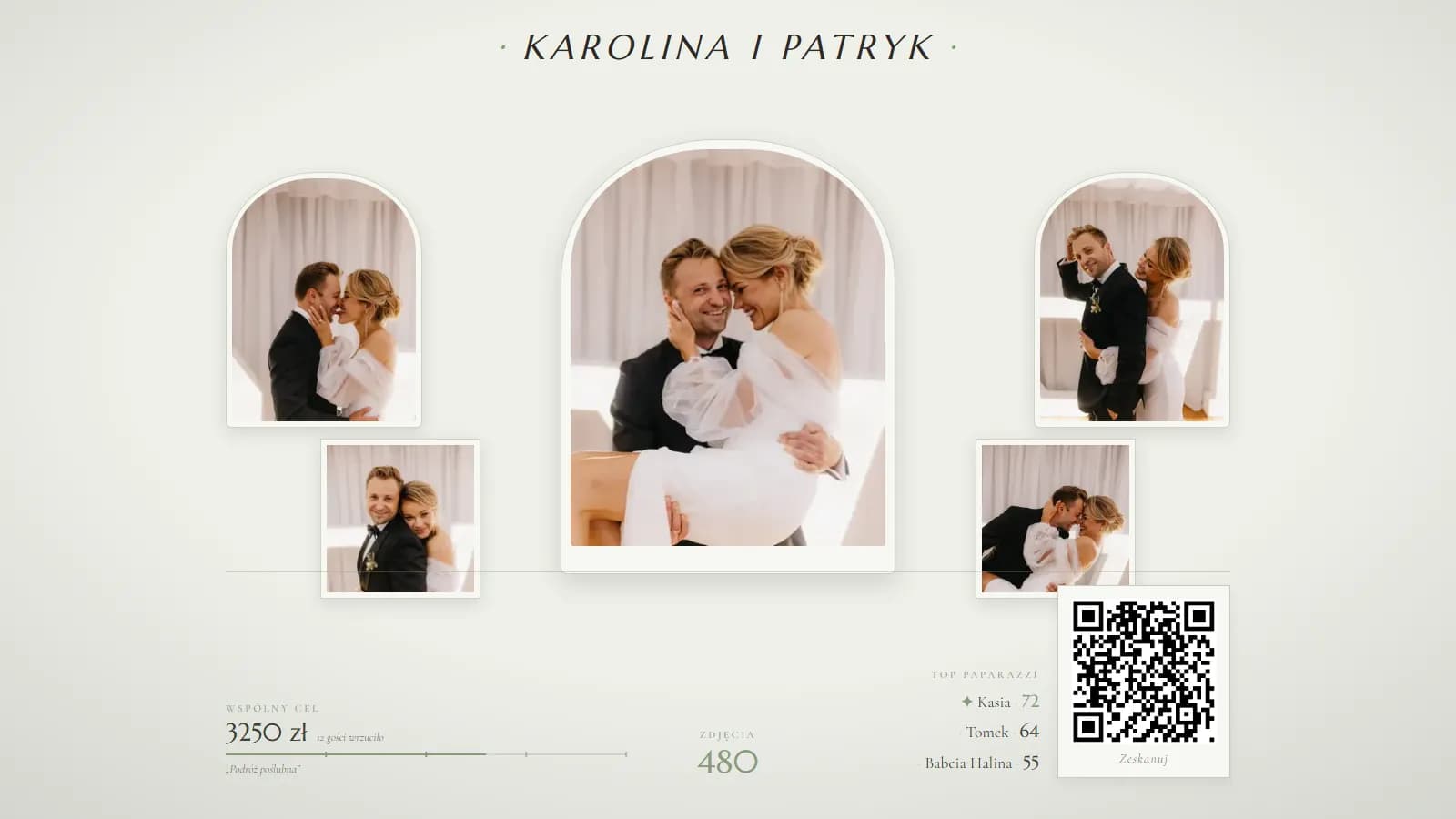 Live Wall na przykładowym weselu Karoliny i Patryka: zdjęcia gości w ramkach, wspólny cel, licznik zdjęć i kod QR