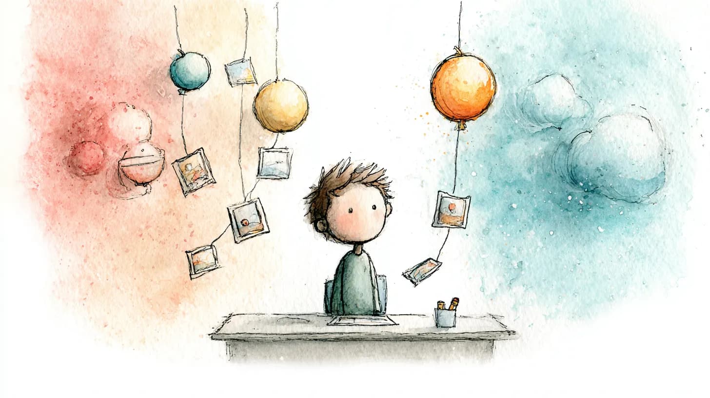 Watercolor illustration of child with balloons and photos