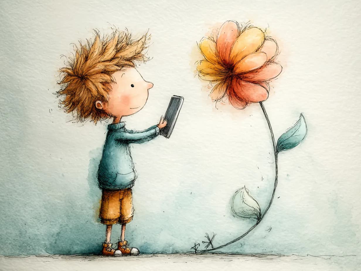 Watercolor illustration of child with phone and flower