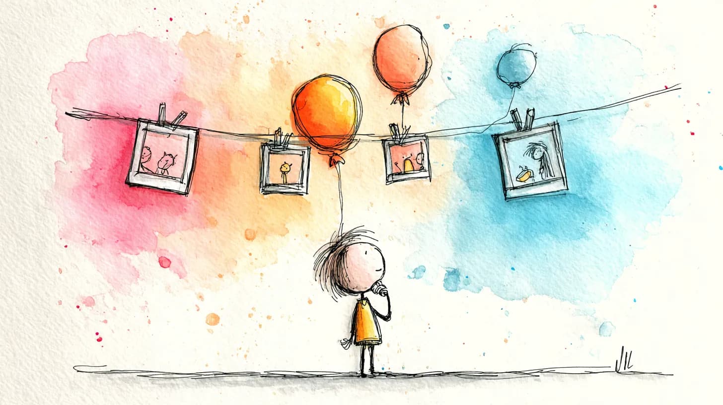 Watercolor illustration of photos on clothesline with balloons