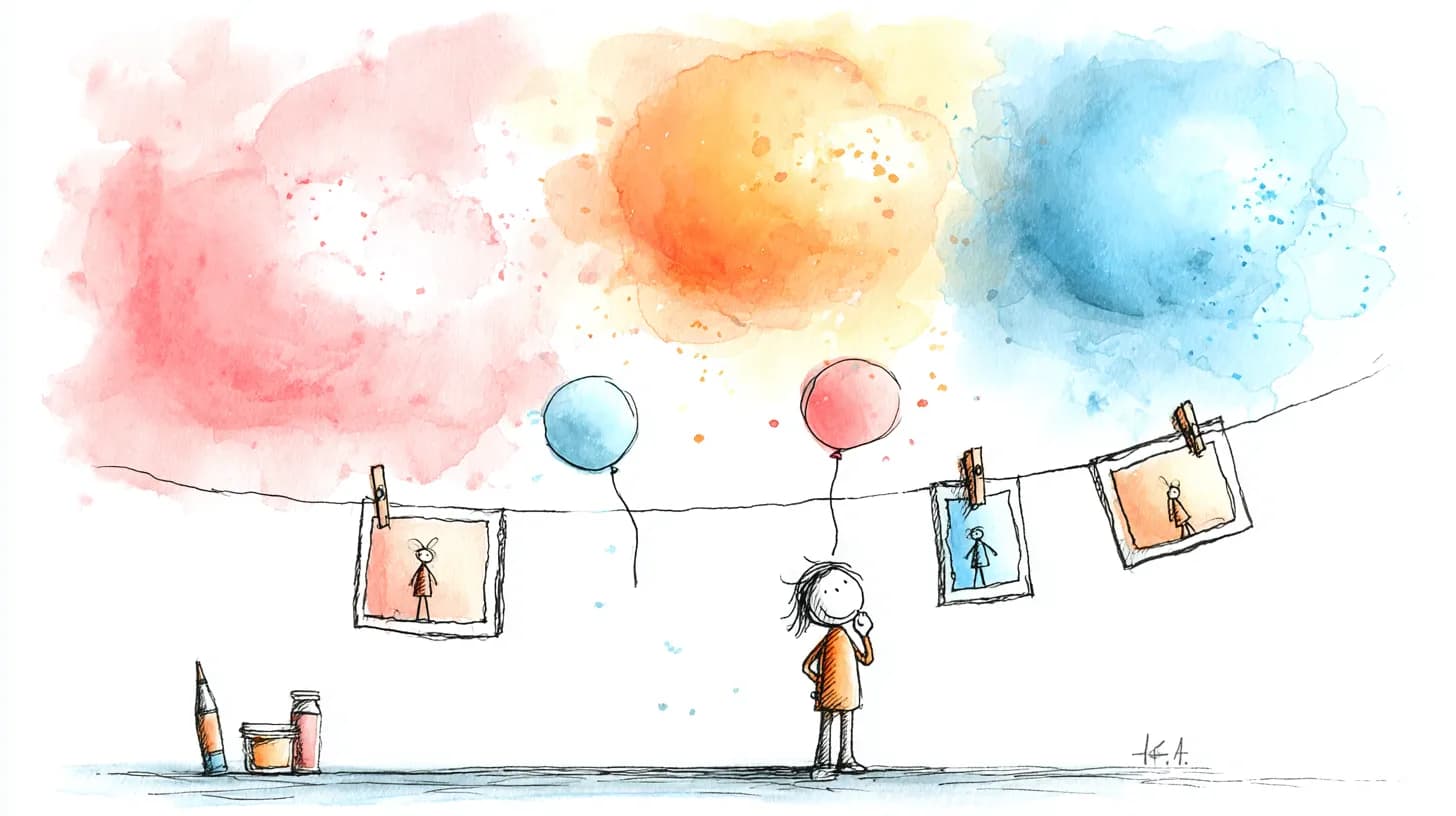 Watercolor illustration of photos on clothesline with balloons