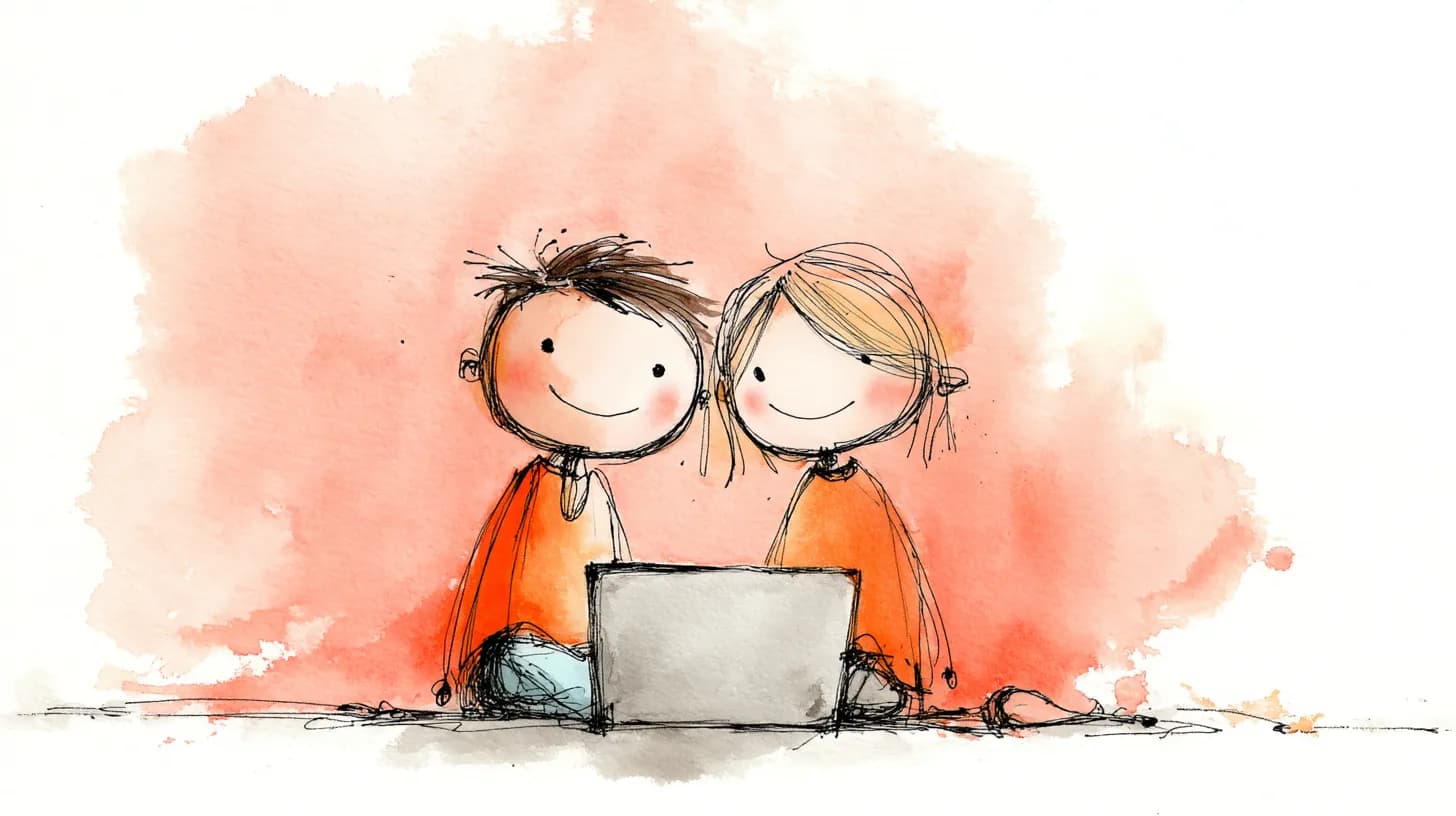 Watercolor illustration of couple browsing photobook together