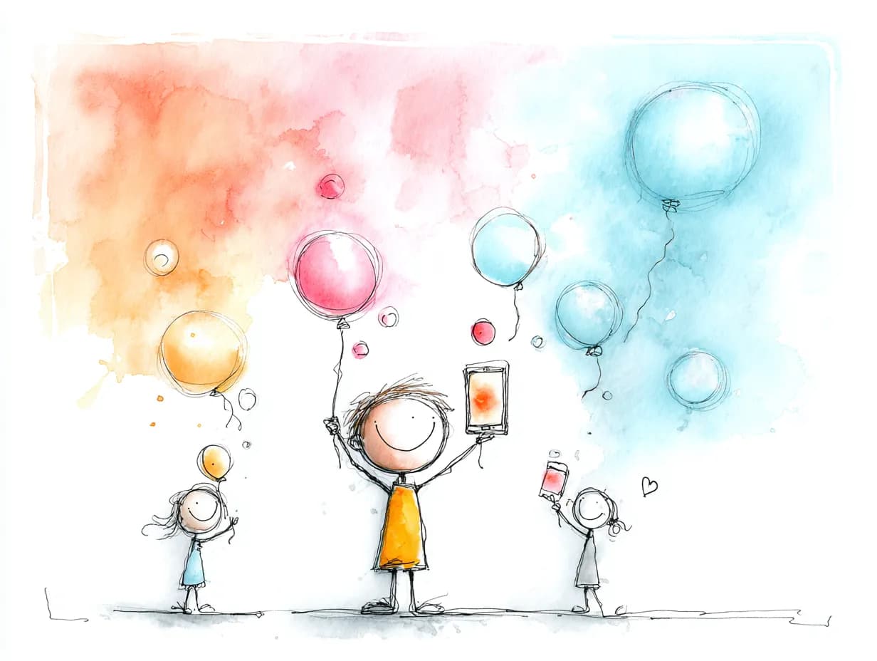 Watercolor illustration of people with balloons and phones