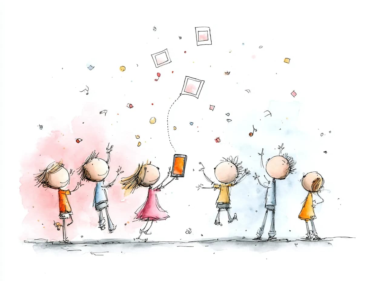 Watercolor illustration of children taking photos